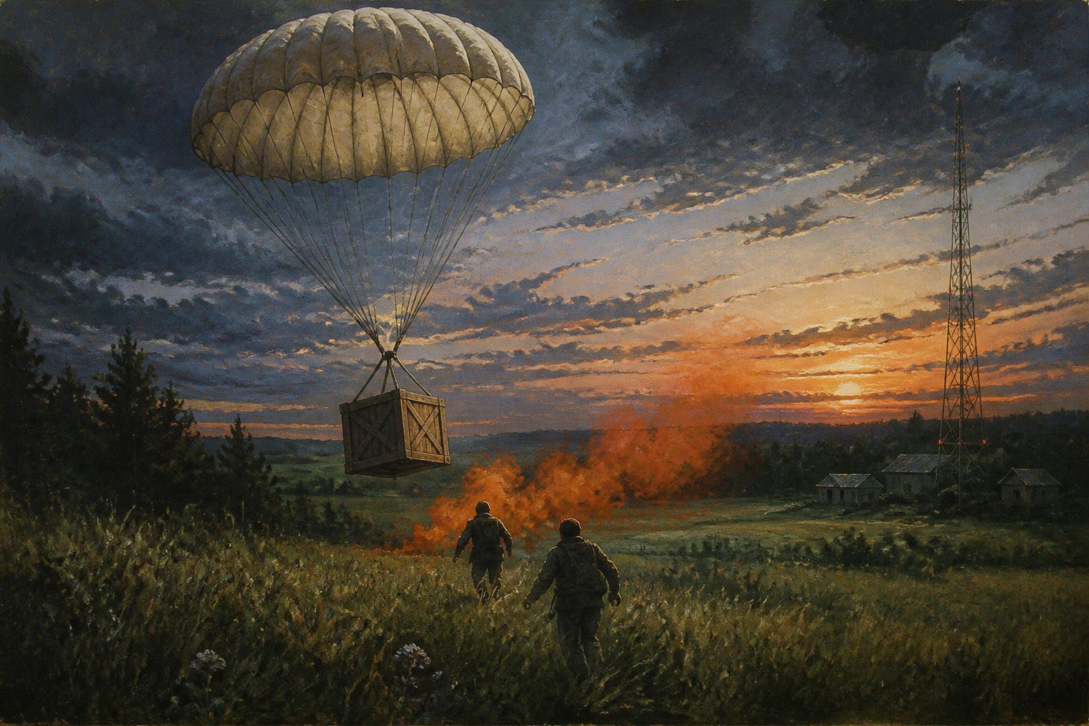 A wooden crate descending under a parachute into a field at twilight.
