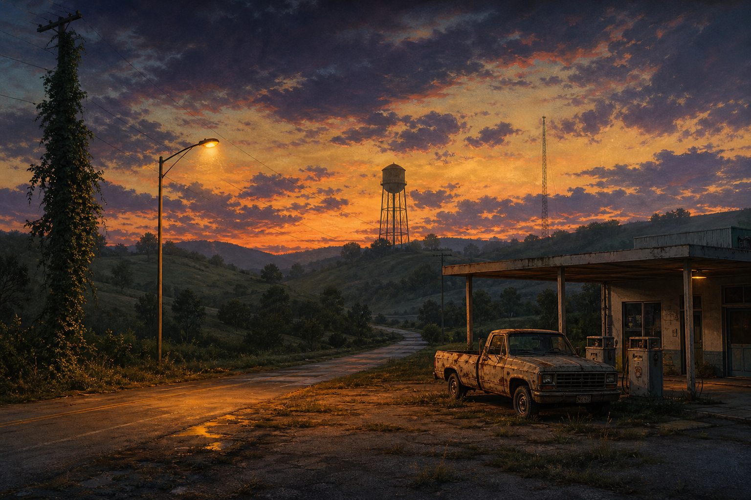 Dusk over a quiet rural highway in Greene County, Virginia, 1993.