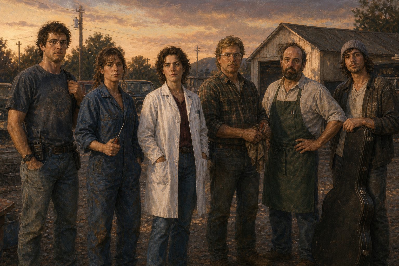 A group of 1993 civilians standing in a gravel lot at dusk.