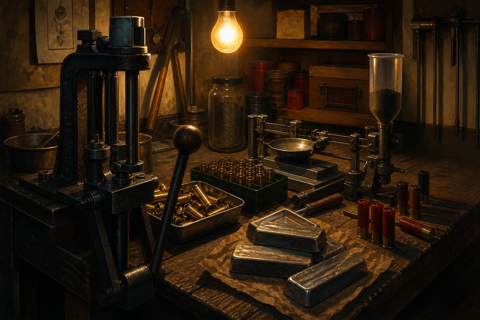 A garage reloading bench: press, brass, lead, and a scale under one bulb.