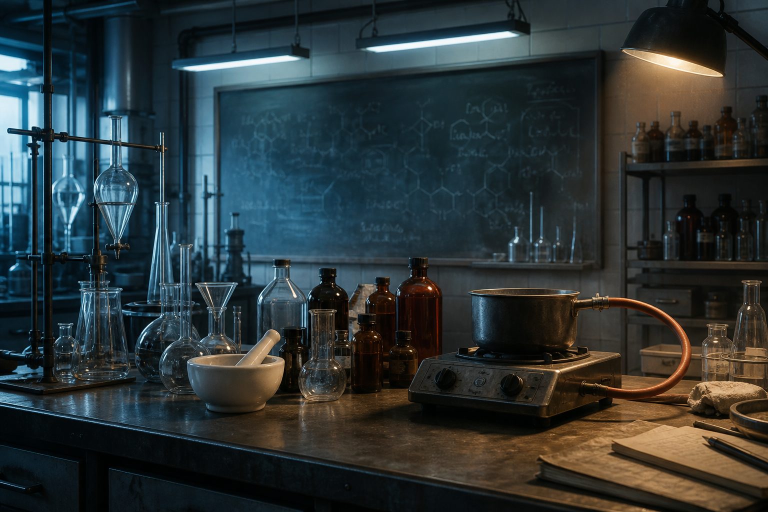 A chemical-plant lab bench with flasks, a mortar, and a hose to a hot plate.