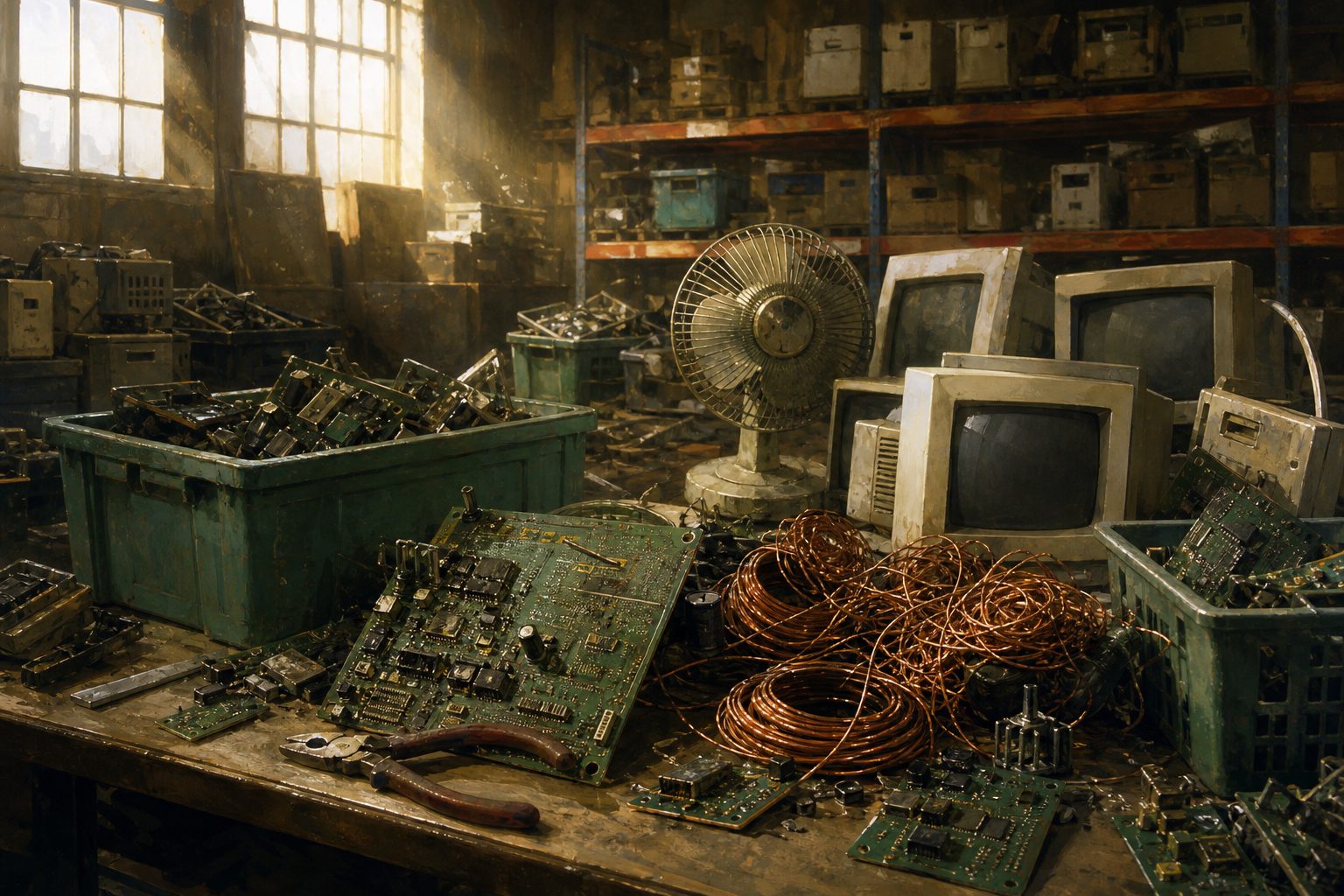 A recycling bench piled with circuit boards, copper wire, and dead monitors.