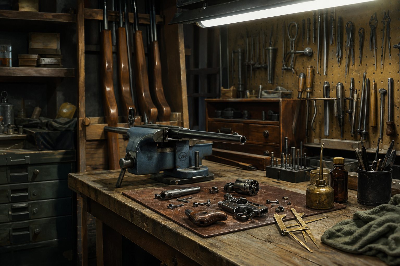 A sporting-goods back room: stocks, a vise, a revolver in pieces on leather.