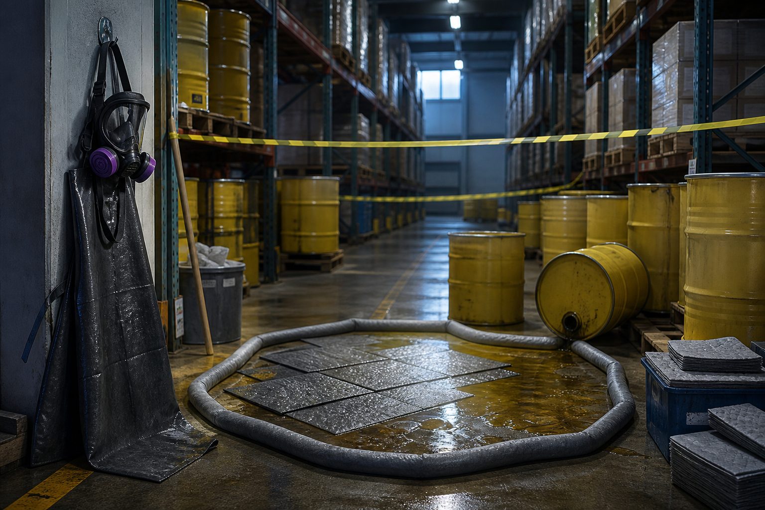 Warehouse drums and a contained spill, apron and respirator hanging nearby.