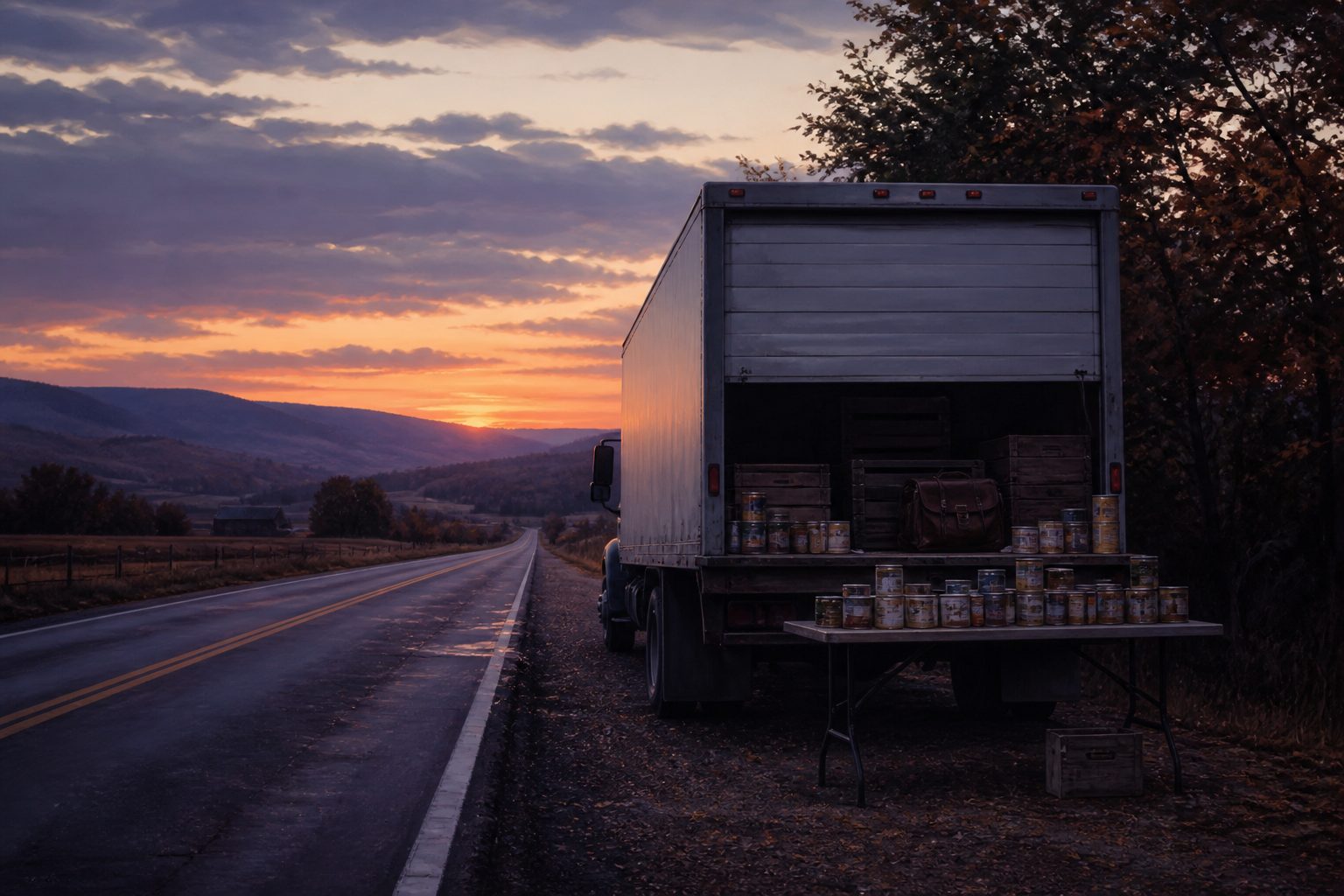 A box truck on a rural shoulder at dusk, crates and a roadside folding table.