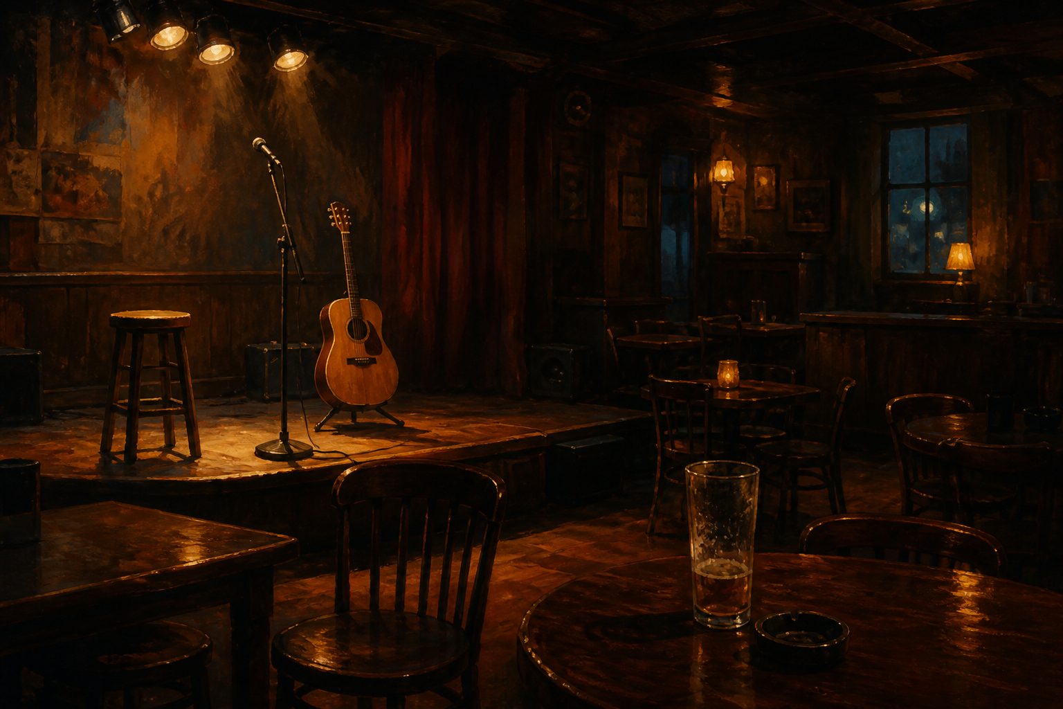 An empty bar stage after last call: guitar, stool, warm tungsten light.