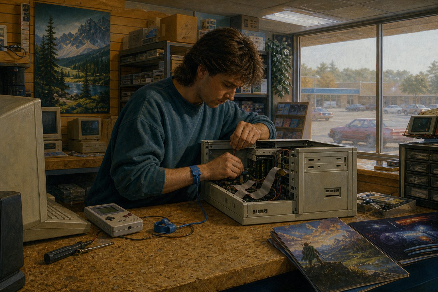 A strip-mall computer shop counter with an open beige PC case and a screwdriver.