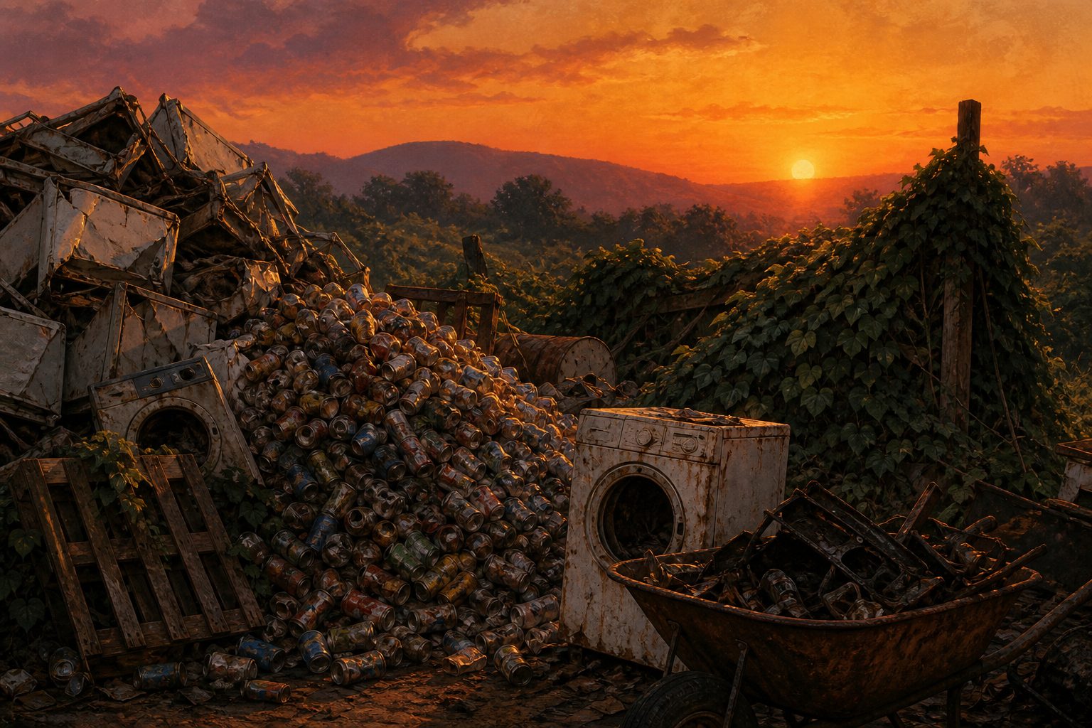 A dusk scrapyard of appliances, cans, and a wheelbarrow of metal.