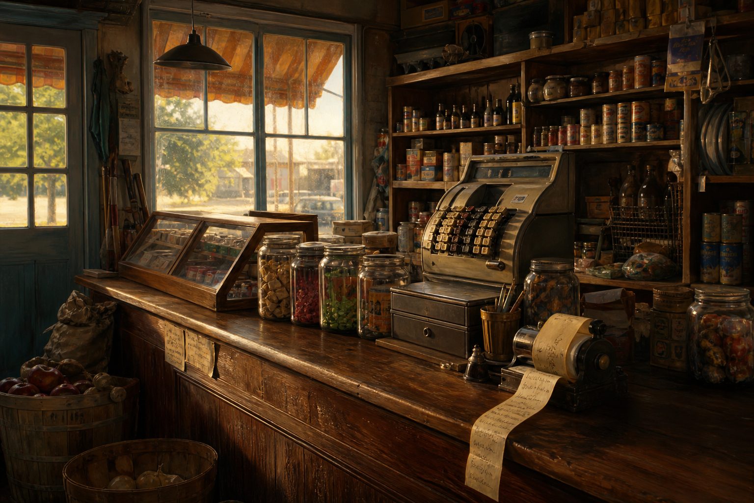 A corner-store counter, register, and sunlit shelves of canned goods.
