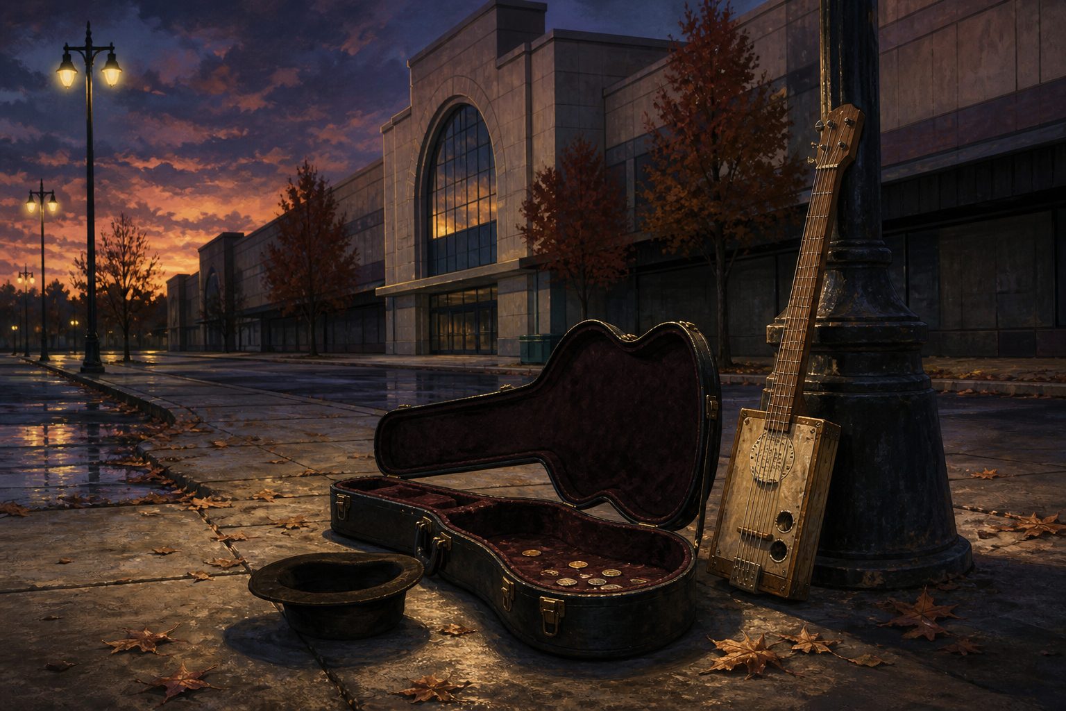A sidewalk at dusk: open guitar case, coins, a hat, the set already over.