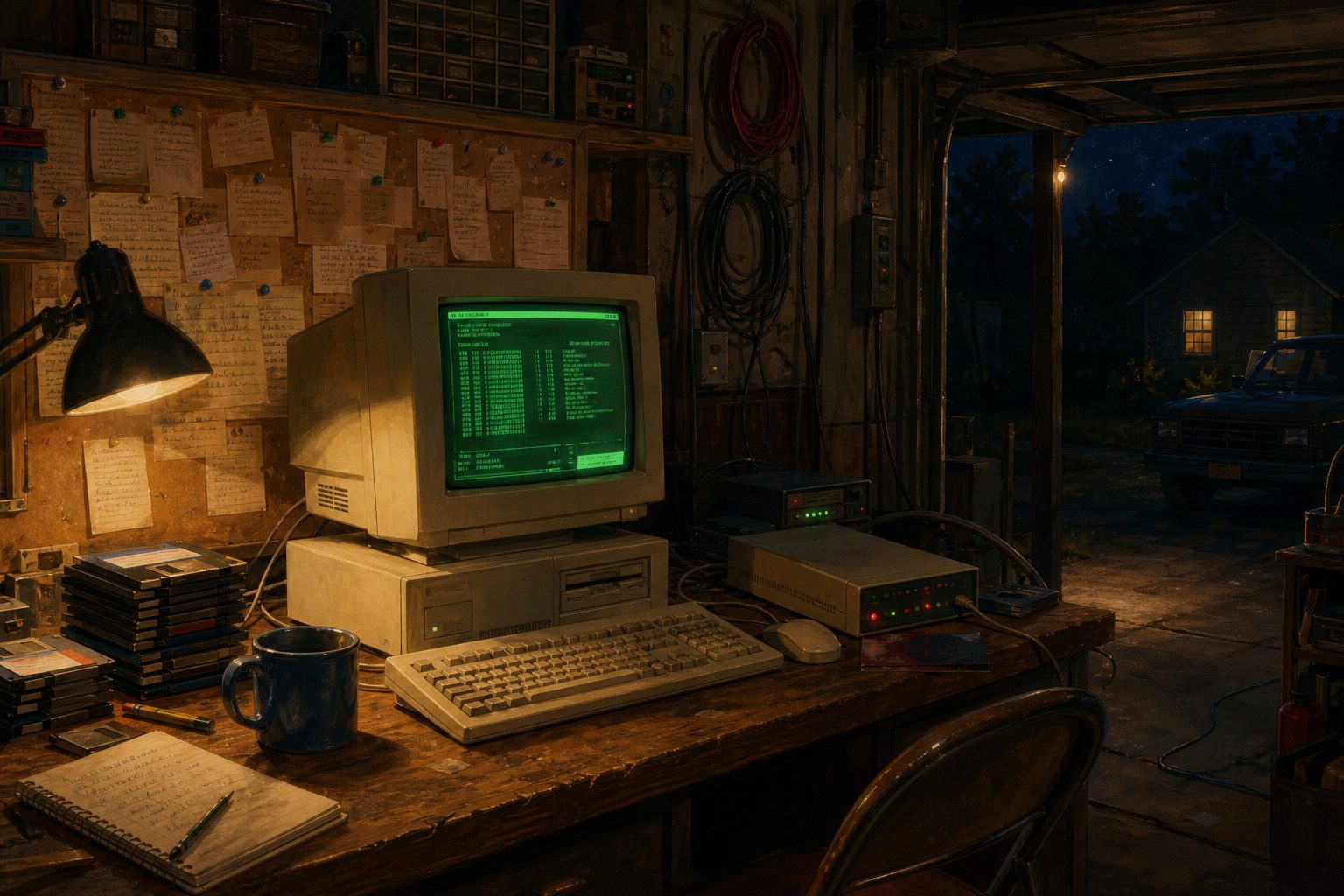 A garage BBS at night: CRT, modem lights, and a stack of floppy disks.
