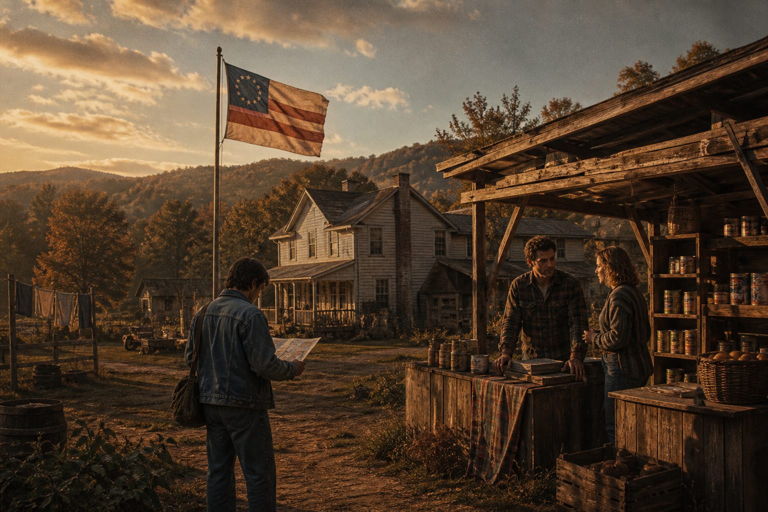 A rural farmhouse settlement with a handmade flag and a wooden market stall at evening.