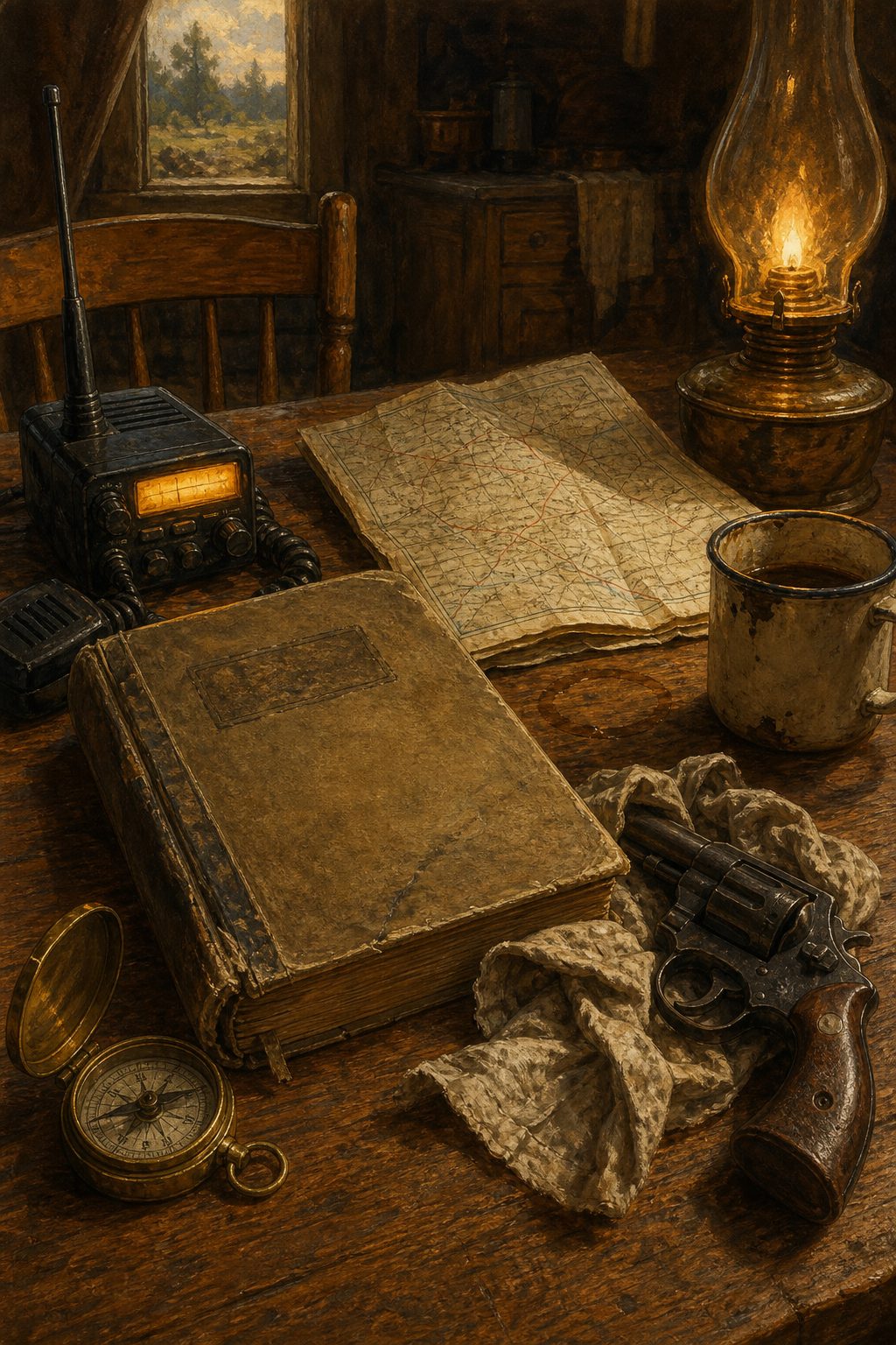 A field manual, CB radio, county map and coffee on a kitchen table.