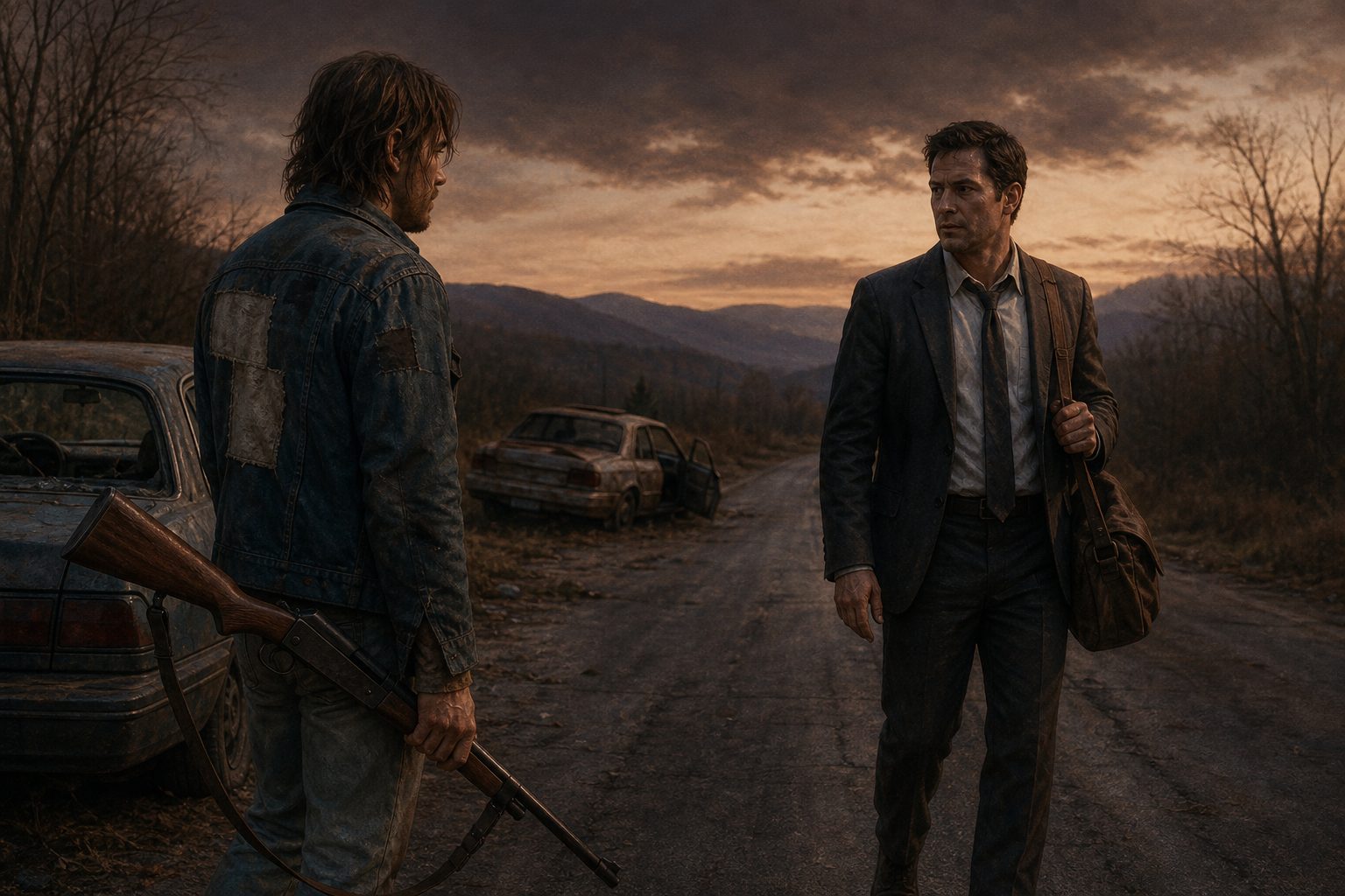 Two living survivors meeting on a rural road among abandoned cars.