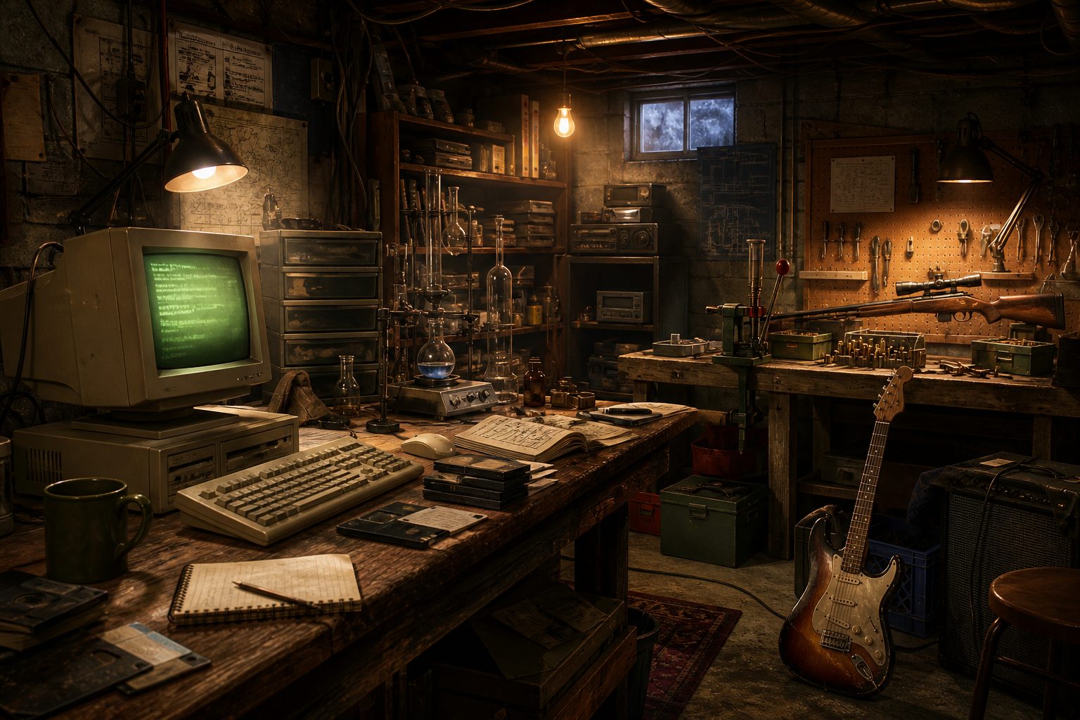 A cluttered 1993 basement workshop with a CRT computer, chemistry glass, brass casings and a guitar.
